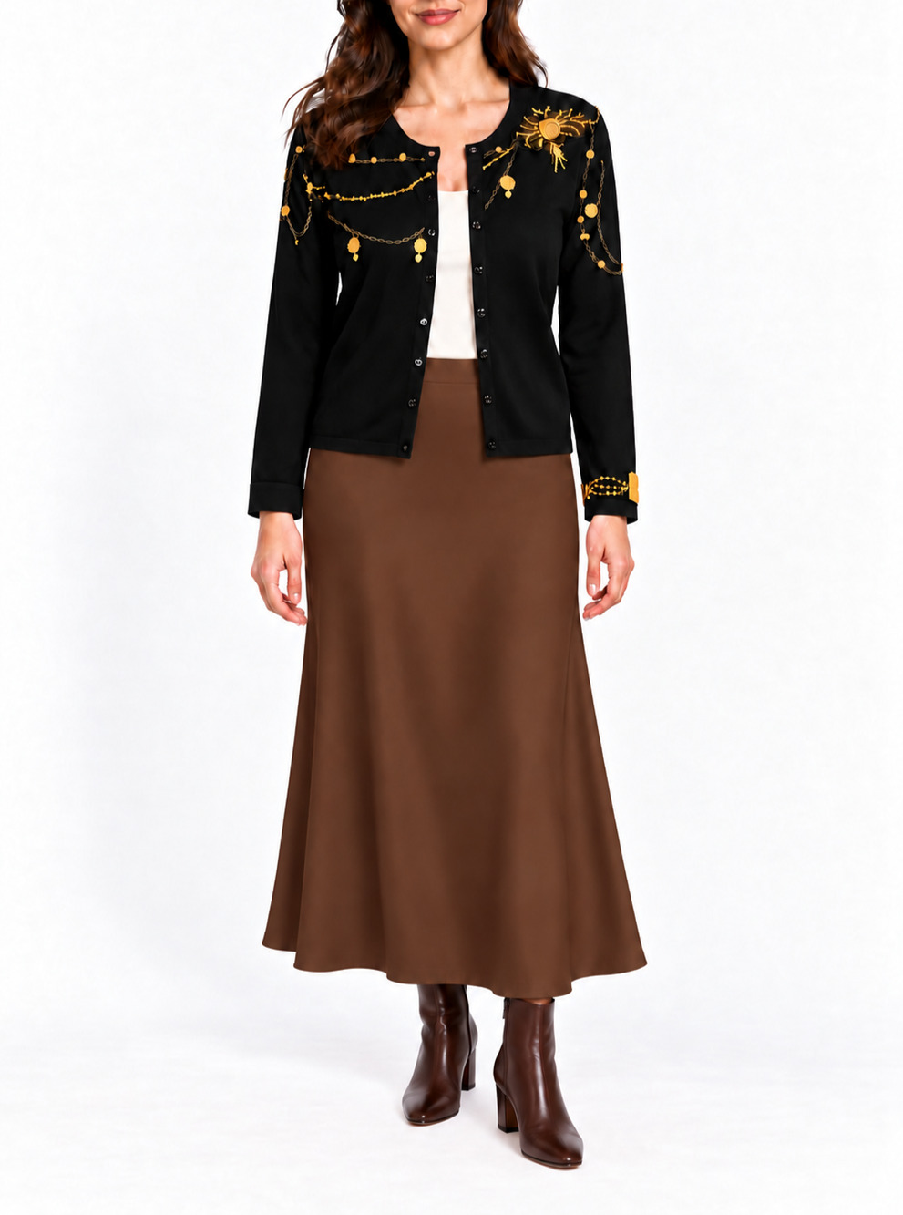 Susan Bristol Black Embroidered Beaded Cardigan Sweater Large Gold Bug Detail